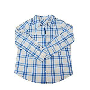 Joie Women's Medium Top Button Up Blue Plaid Collared Lightweight Long Sleeve